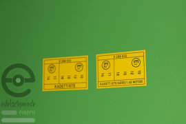 Aufkleber: Adrema / ECE-Genehmigungszeichen gelb, Motorraum Opel Kadett C